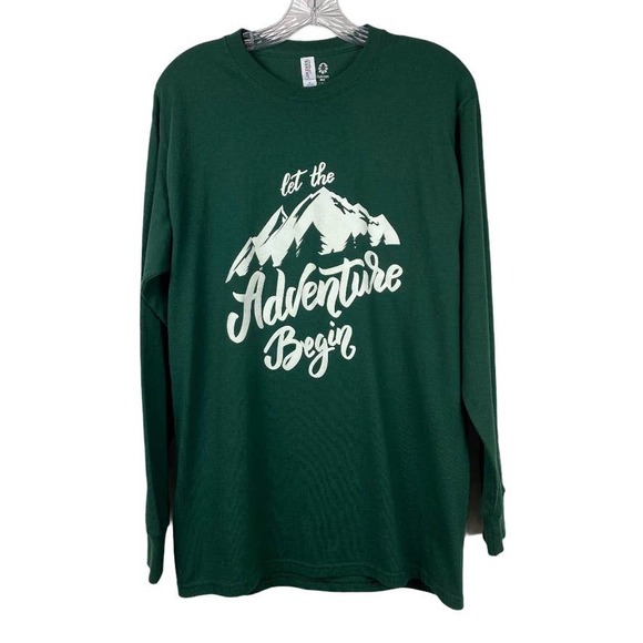 JERZEES M "Let the Adventures Begin" LS Graphic T-Shirt Snow Cap Mountains Green - Picture 1 of 6